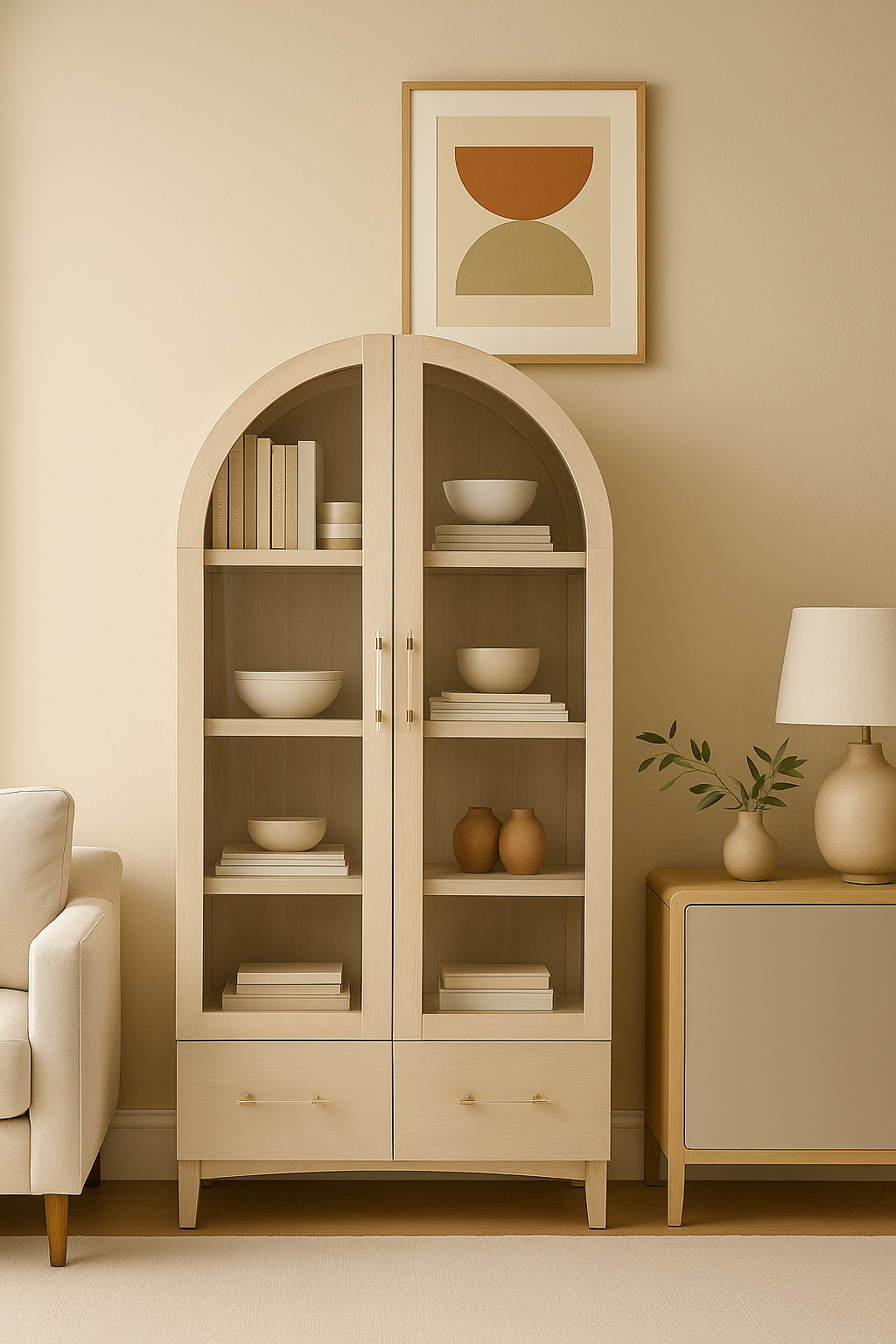 VAST Arched Glass Display Cabinet with Drawers – Modern Light Oak Finish