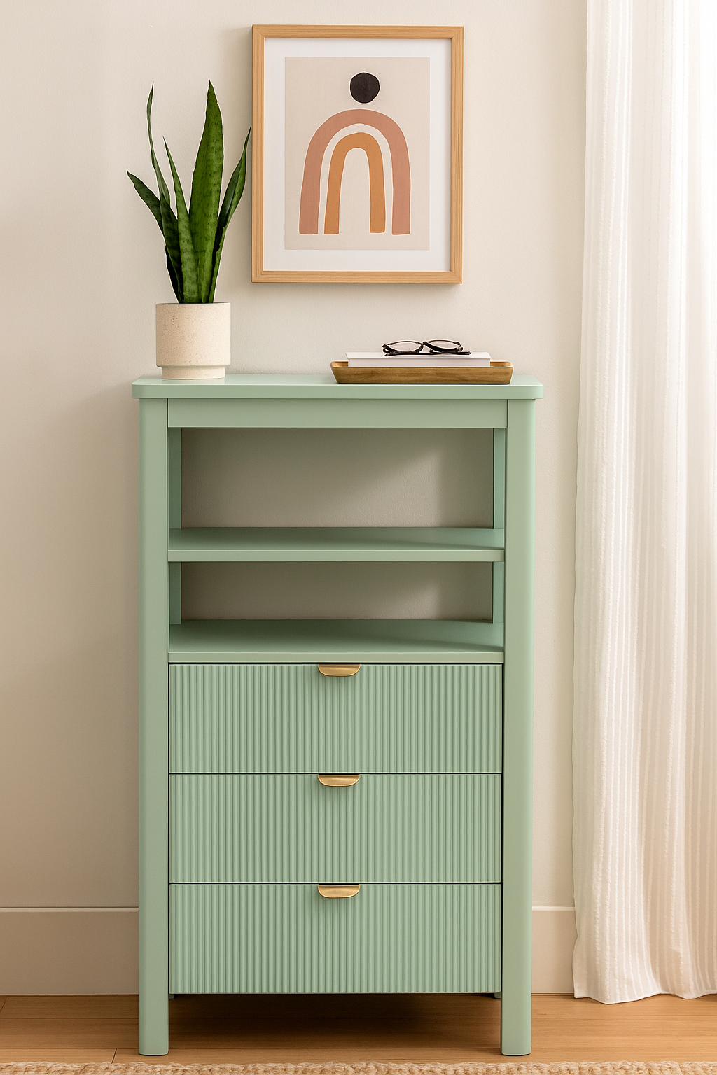 VAST Sage Green 3-Drawer Shelf Cabinet with Open Storage
