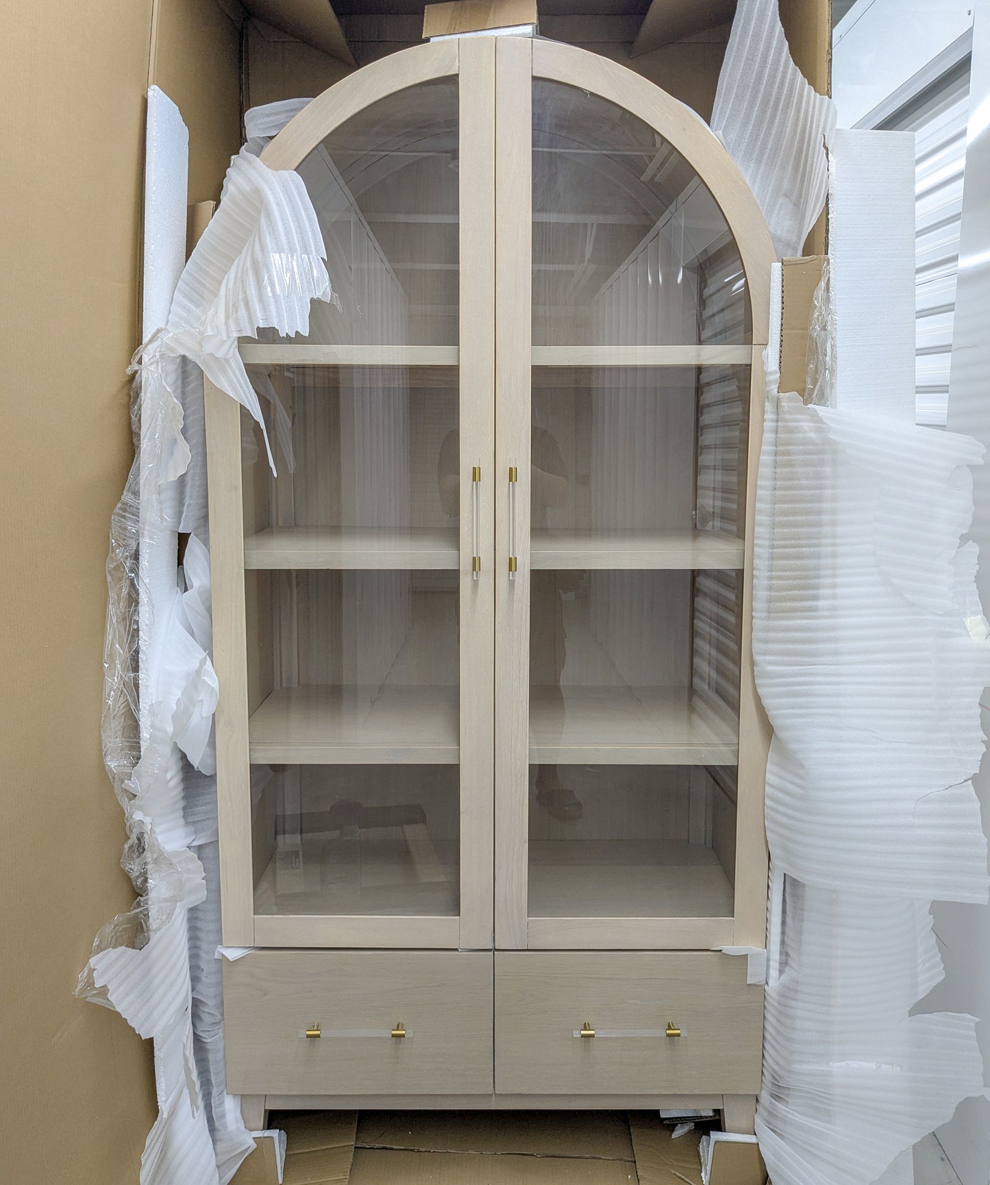 VAST Arched Glass Display Cabinet with Drawers – Modern Light Oak Finish