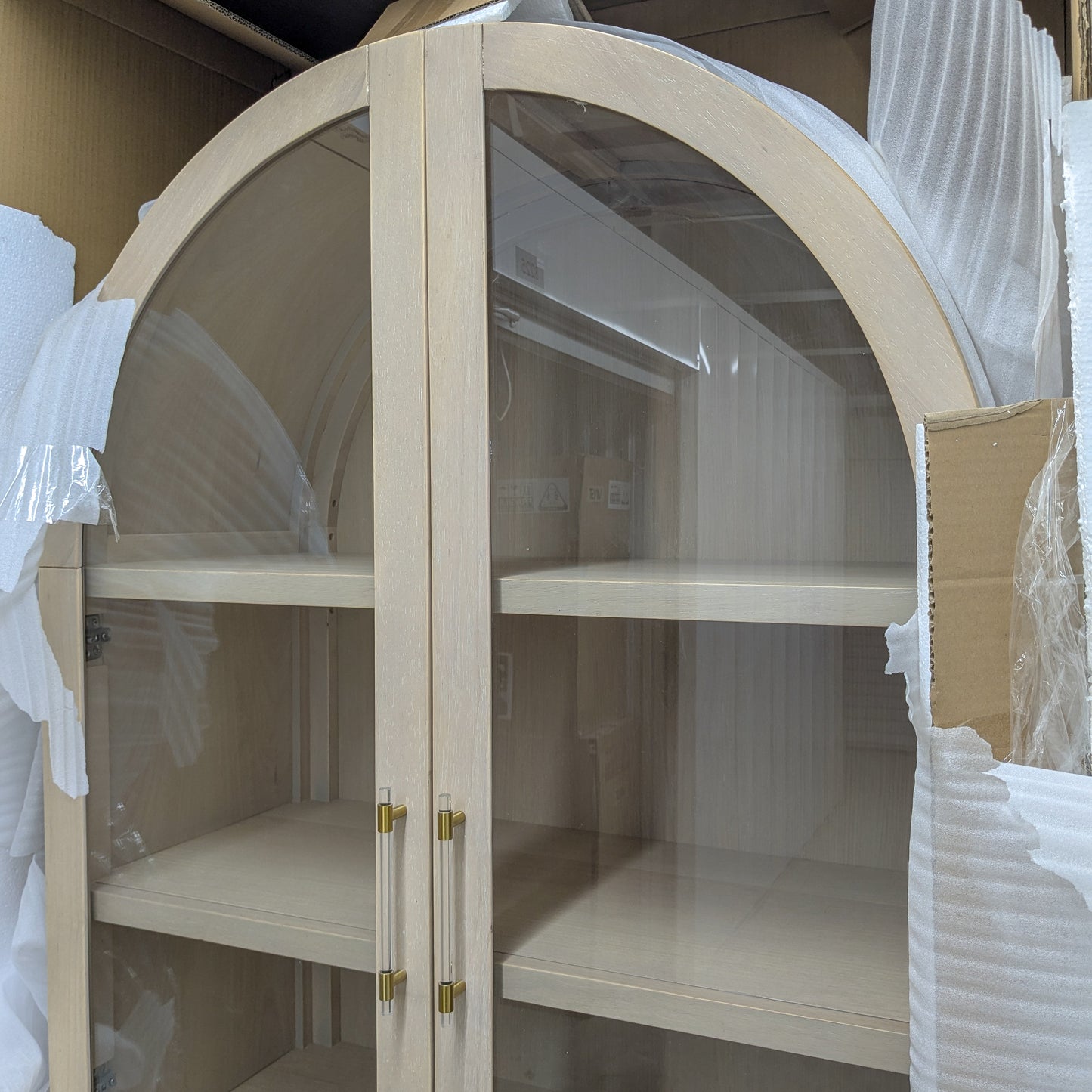 VAST Arched Glass Display Cabinet with Drawers – Modern Light Oak Finish