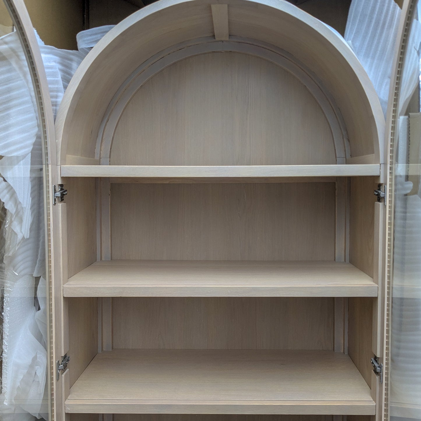 VAST Arched Glass Display Cabinet with Drawers – Modern Light Oak Finish