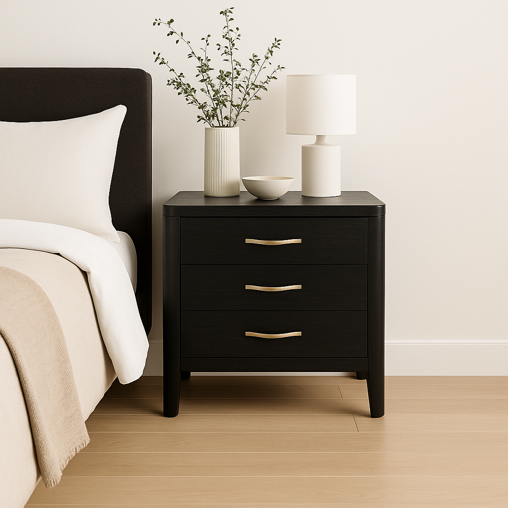 VAST Modern Black 3-Drawer Nightstand with Gold Handles