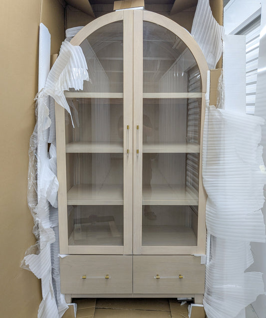 VAST Arched Glass Display Cabinet with Drawers – Modern Light Oak Finish