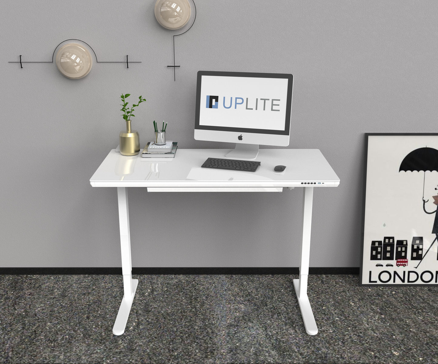 Glass Top Electric Height Adjustable Sit Stand Desk 48"Wx24"D with USB charging port - White