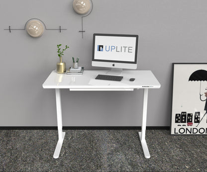 Glass Top Electric Height Adjustable Sit Stand Desk 48"Wx24"D with USB charging port - White