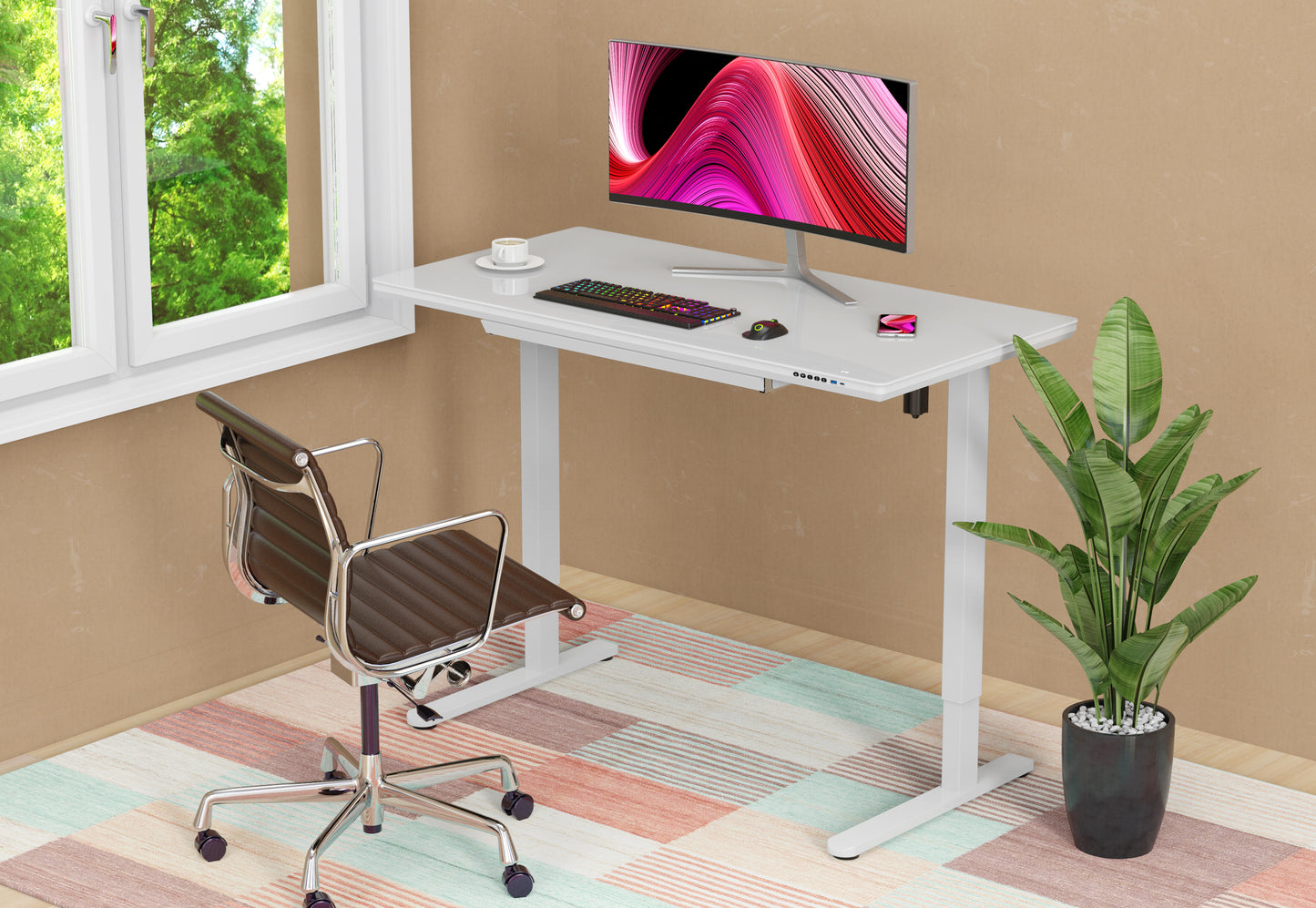 Glass Top Electric Height Adjustable Sit Stand Desk 48"Wx24"D with USB charging port - White
