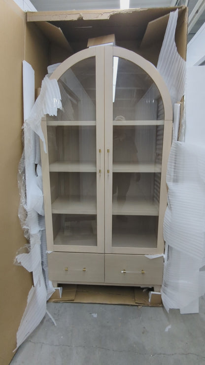 VAST Arched Glass Display Cabinet with Drawers – Modern Light Oak Finish